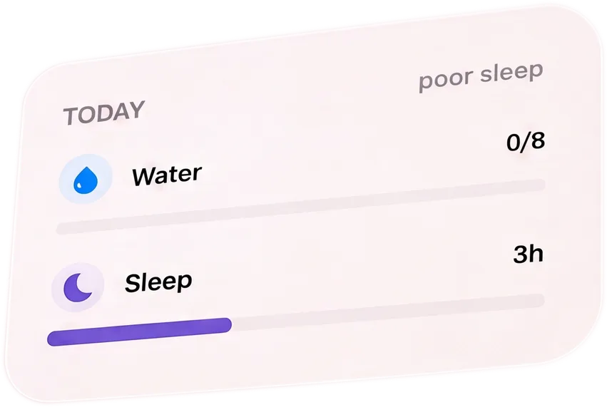 BaeMax card showing water 0 of 8 and sleep 3 hours