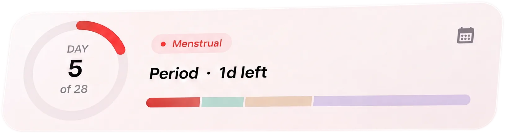 BaeMax cycle tile displaying menstrual day 5 of 28 and the remaining period day